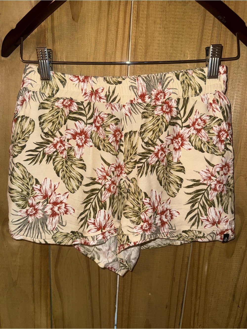 Volcom Cream Tropical Floral Elastic Waist Shorts - Green & Red